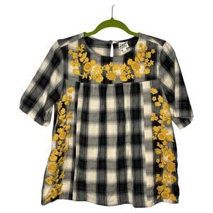 Sister Mary Top Women's Size Small Black Rosie Plaid Floral Embroidered Cotton